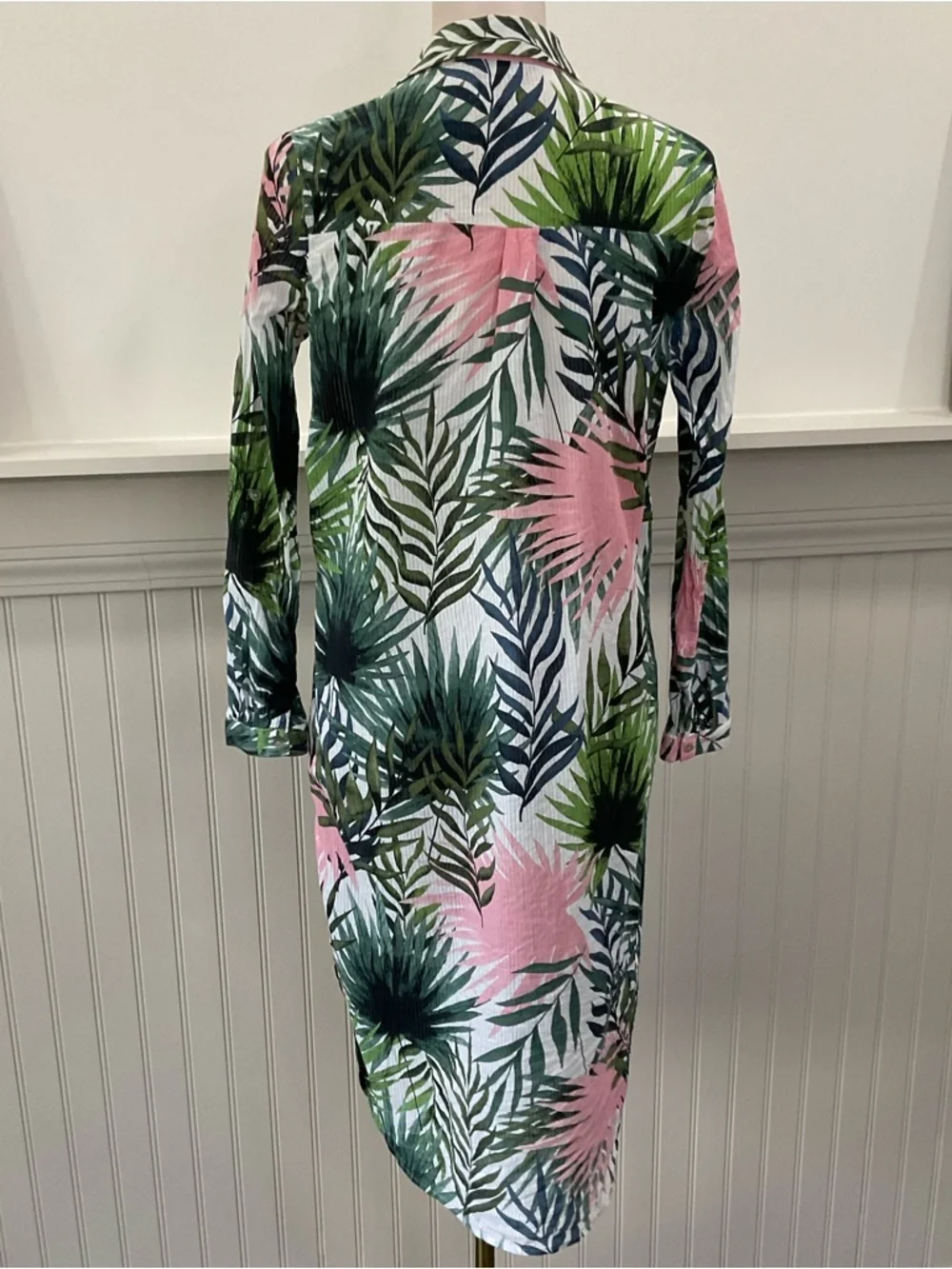 Tropical Palm Print Shirt Dress Cover Up XS Button Front Pink Green Resort Beach